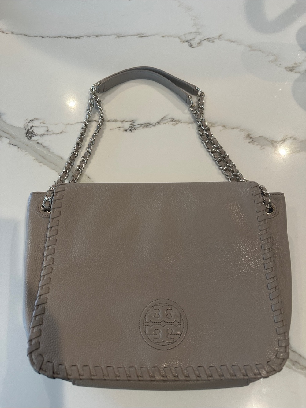 Tory Burch Taupe Whipstitch Leather Chain Shoulder Bag